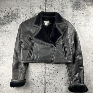 Contempo VTG Cropped Moto Biker Leather Faux Fur Lined Zip Jacket Sz L Black